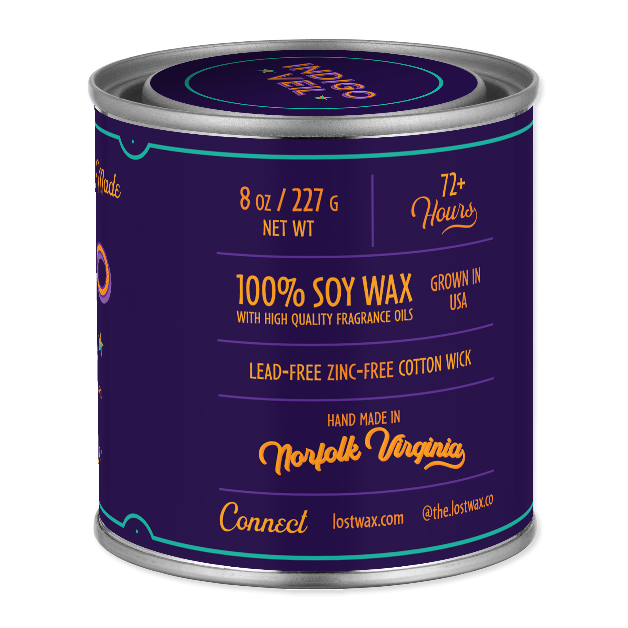 Soy wax candle with branding and product details on a white background