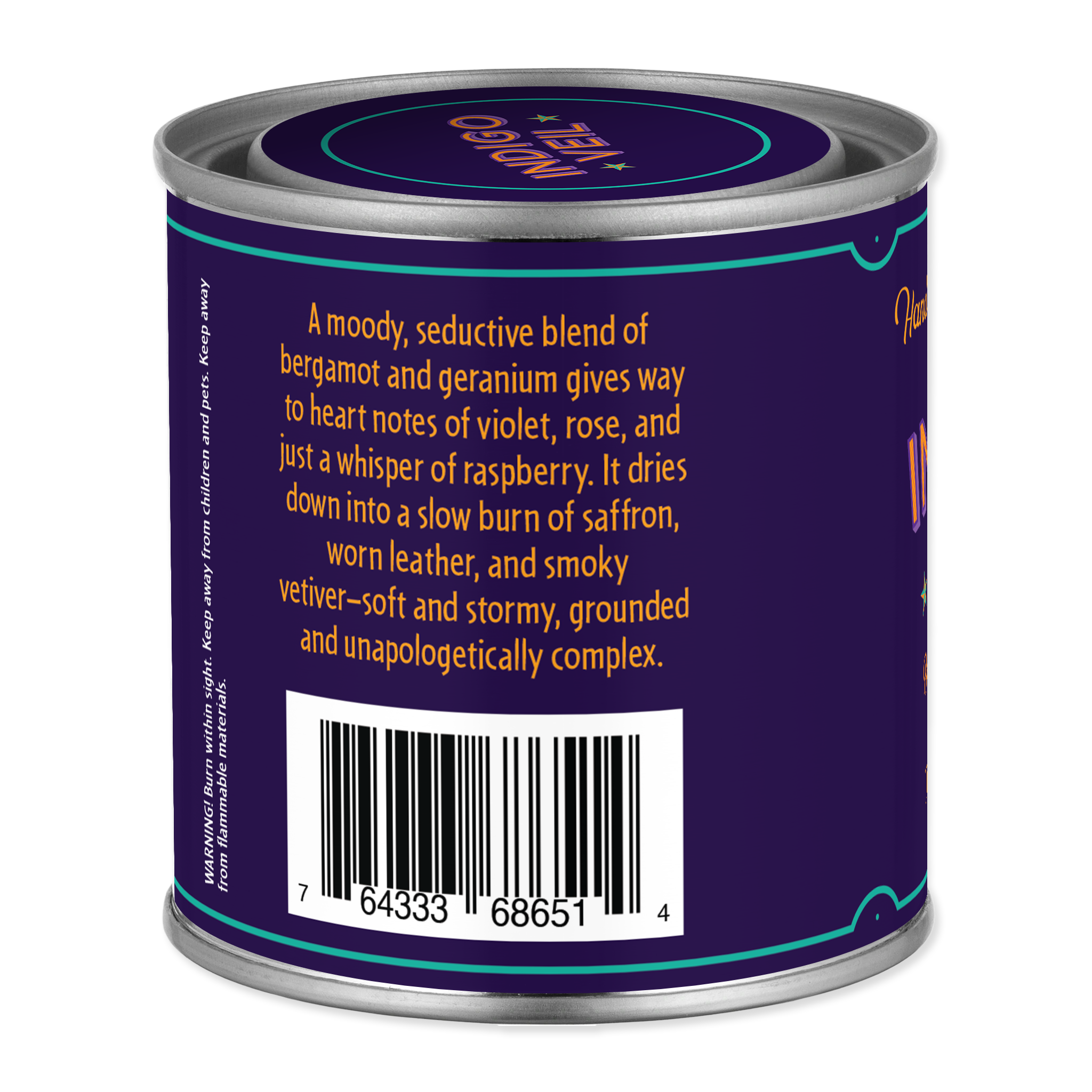 Back of a purple can with text and barcode on a white background