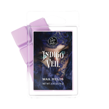 Wax melts packaging with 'Indigo Veil' text and a purple ribbon on a white background