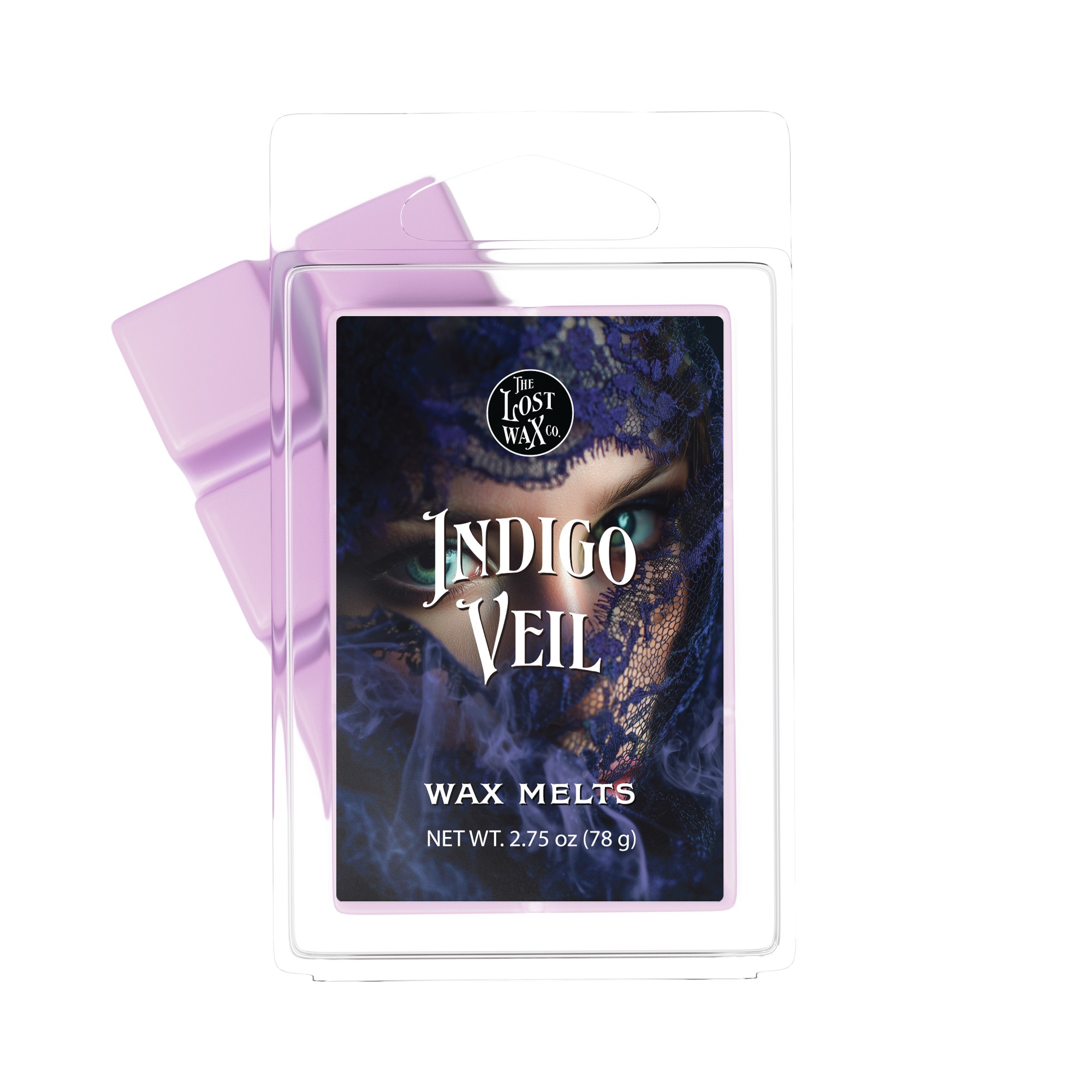 Wax melts packaging with 'Indigo Veil' text and a purple ribbon on a white background