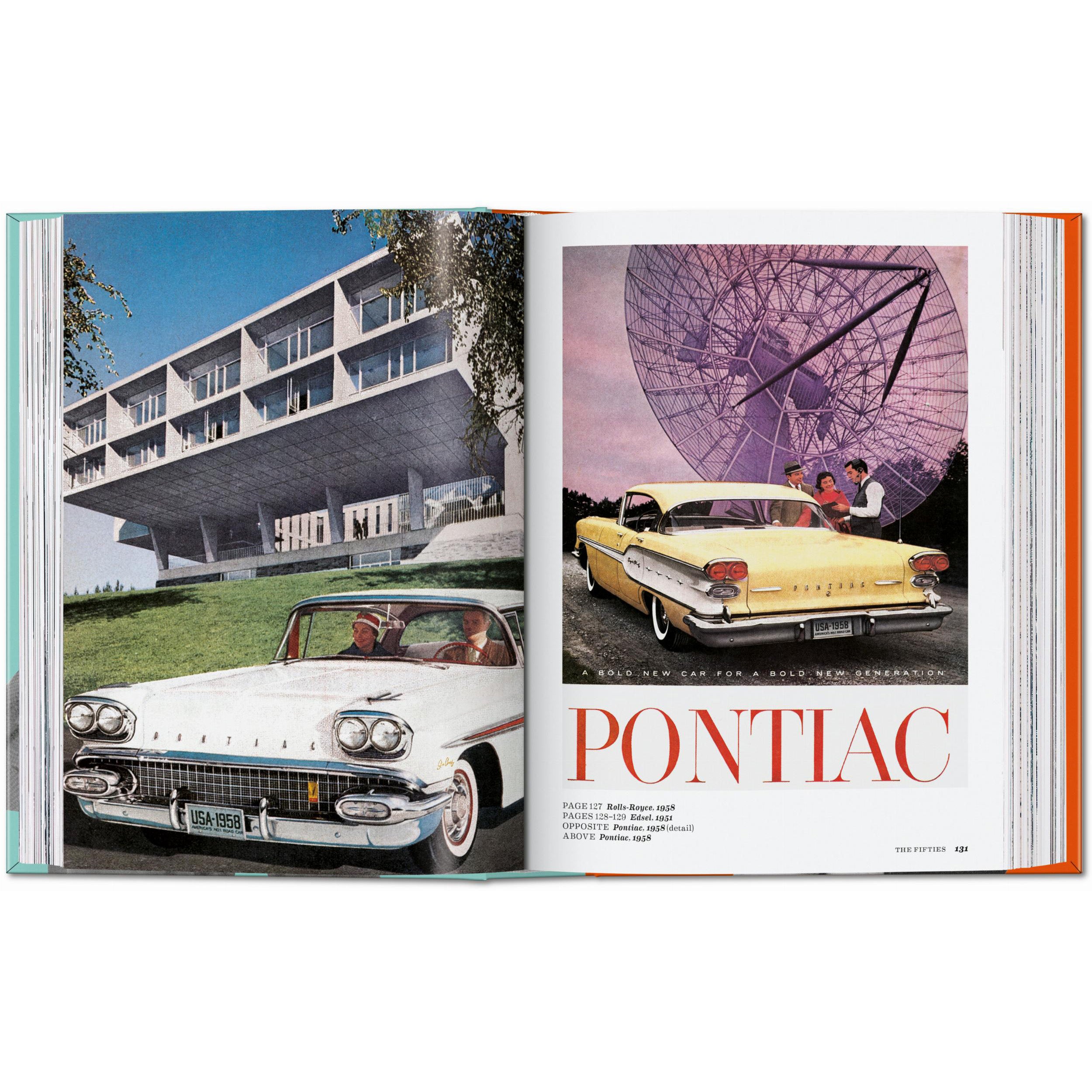 Interior spread showing two vintage magazine car advertisements.