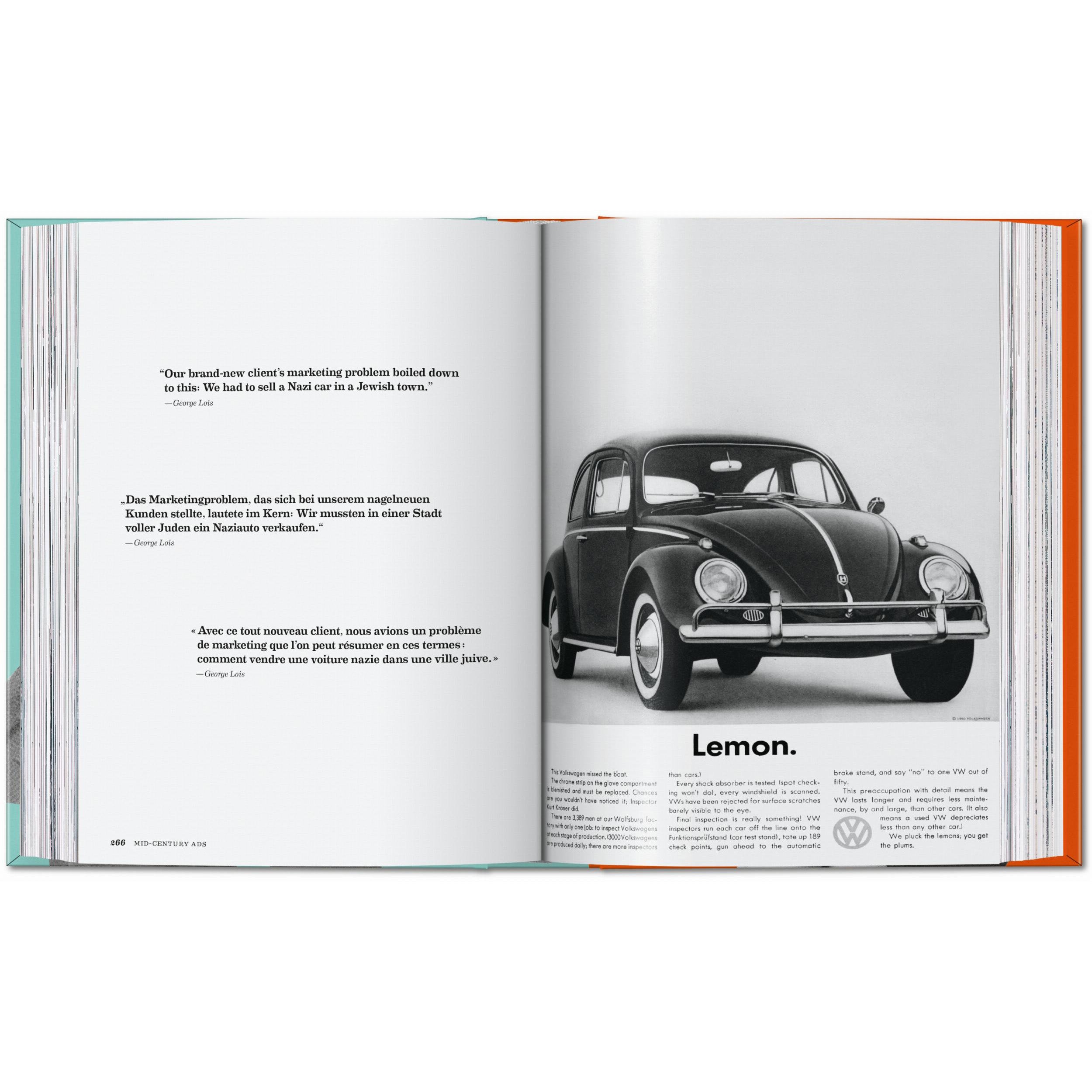Interior spread showing a vintage magazine advertisement for the Volkswagen Beetle.