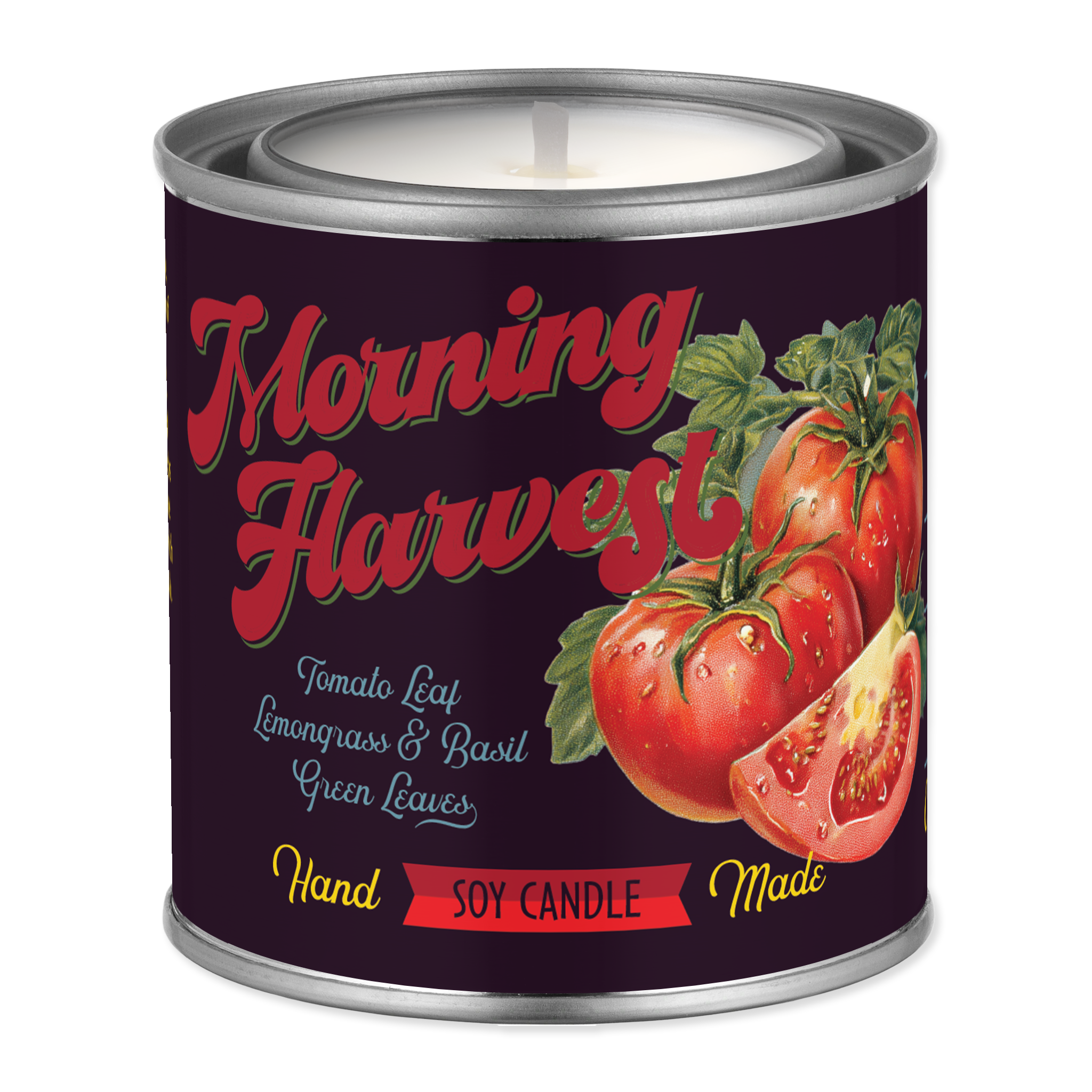 Candle tin labeled 'Morning Harvest' with tomato design on a white background
