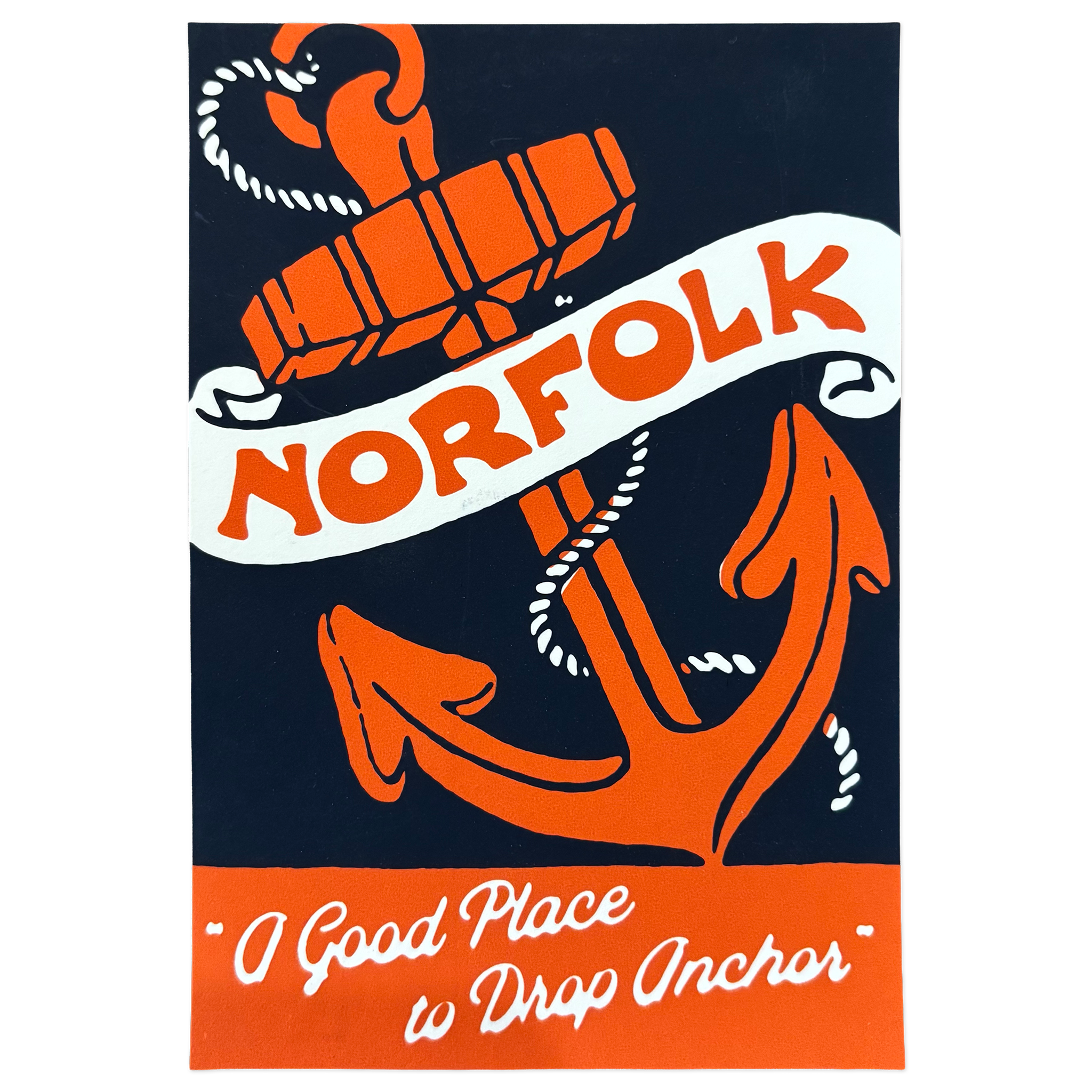 Navy blue and orange postcard with an anchor and text 'Norfolk, A Good Place to Drop Anchor' on a white background.