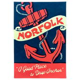 Postcard with an anchor design, featuring the text 'Norfolk A Good Place to Drop Anchor' on a blue background.