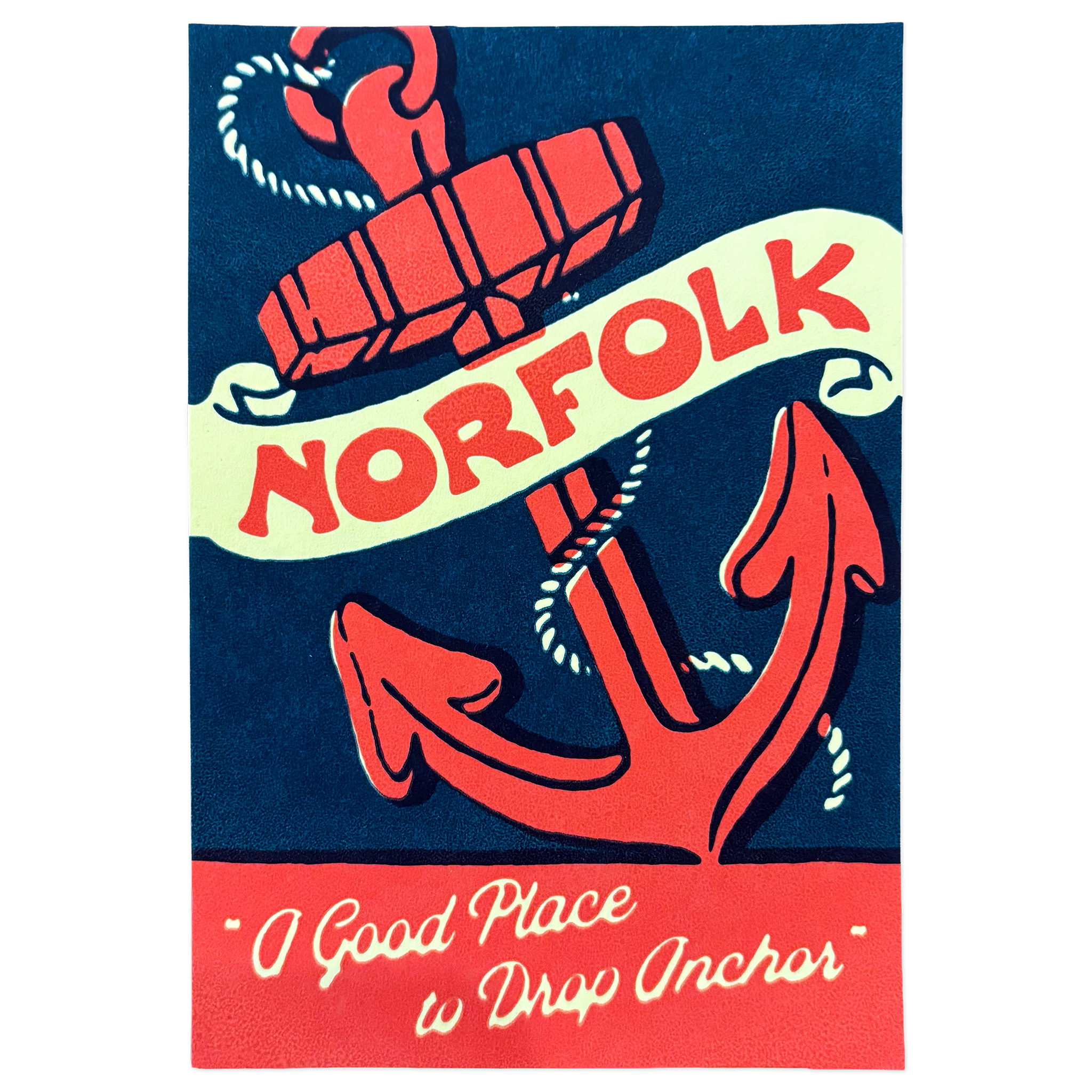 Postcard with an anchor design, featuring the text 'Norfolk A Good Place to Drop Anchor' on a blue background.
