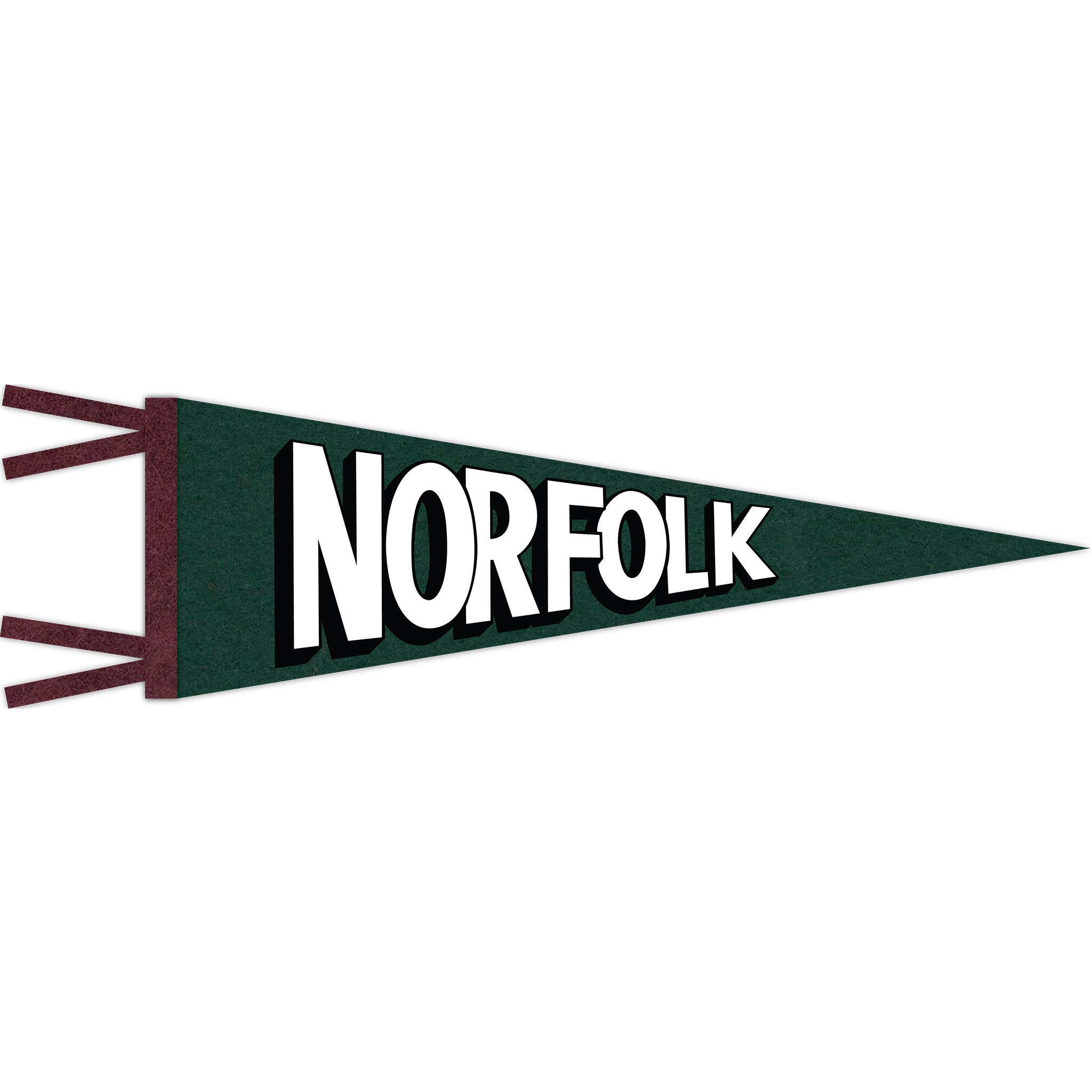 Evergreen pennant with Victorian Rose-colored trim and black and white "Norfolk" printing.