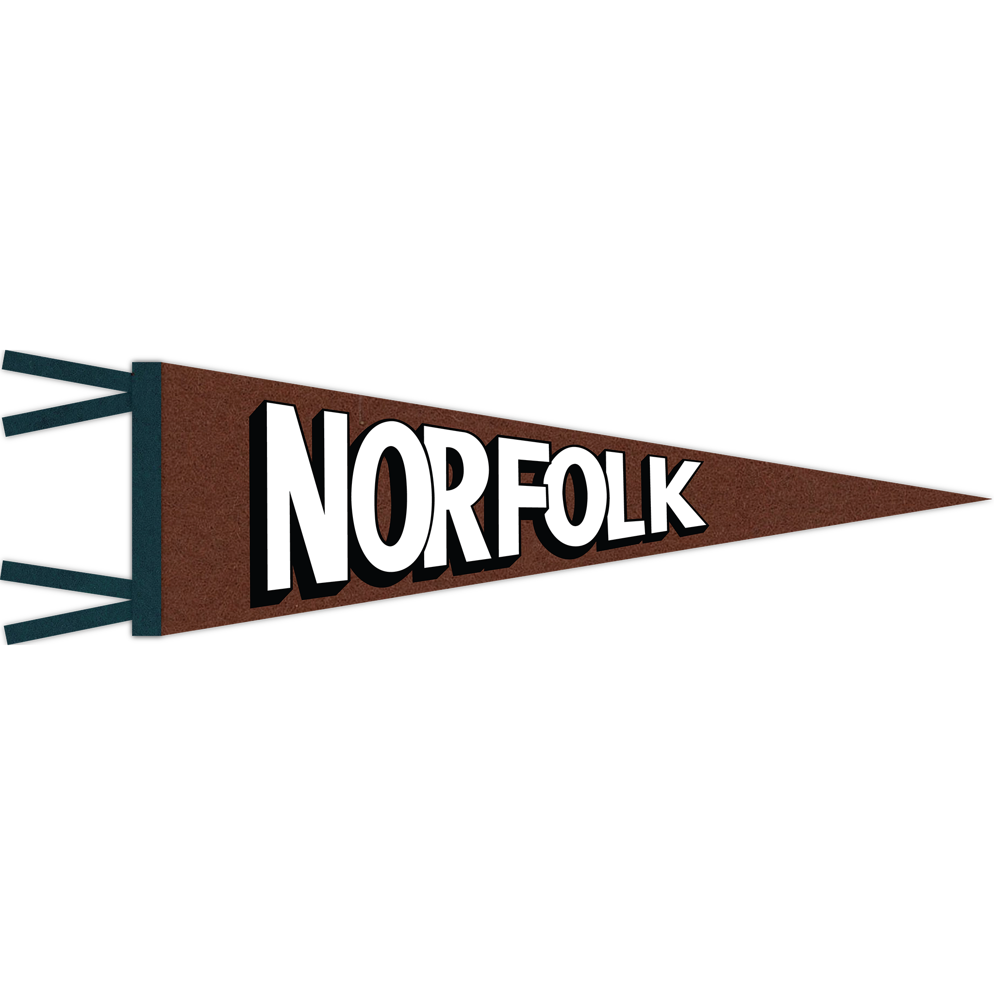 Oakwood brown felt pennant with Ragtime blue trim and black & white "Norfolk" print.