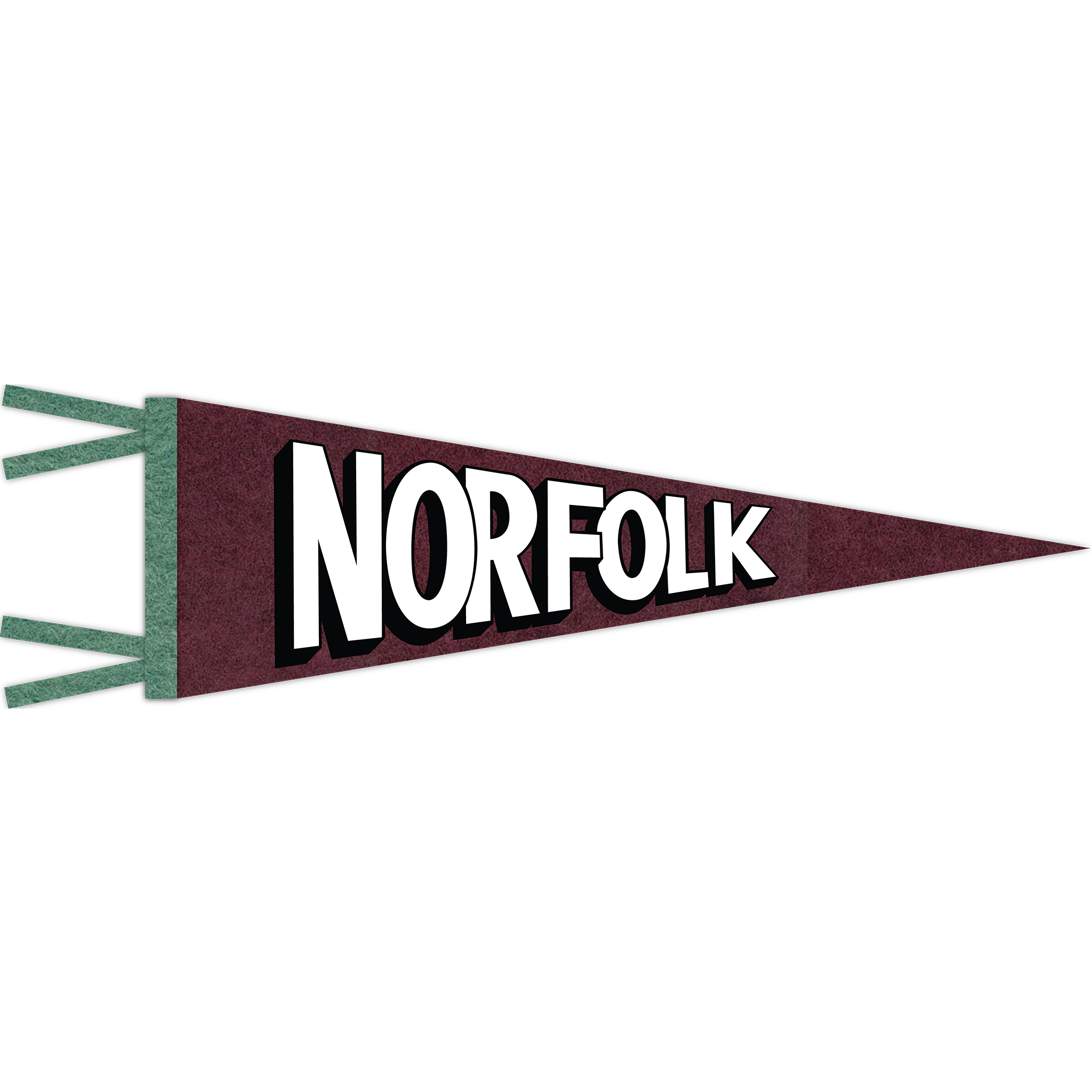 Victorian rose-colored felt pennant with blue spruce trim and black & white "Norfolk" print.