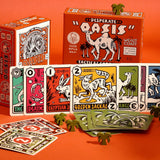 Game cards and palm tree tokens on an orange background