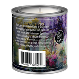 Candle in a can with a floral label and description on a white background
