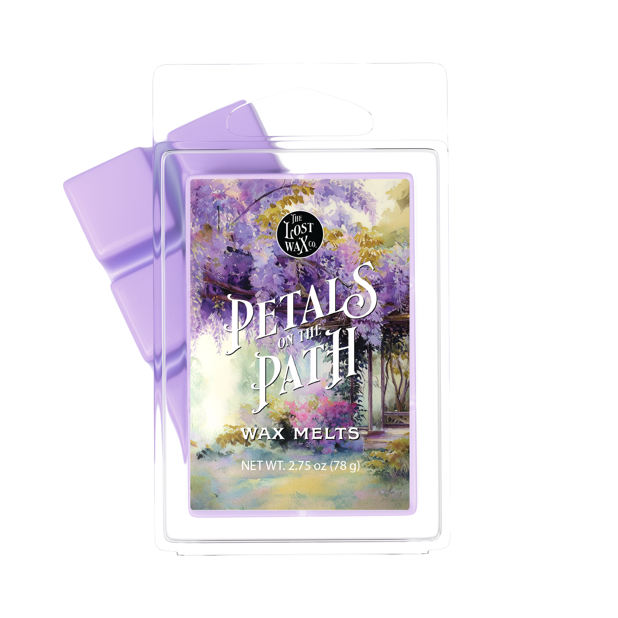 Wax melts packaging with floral design and 'Petals on the Path' text on a white background