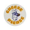Round white vinyl sticker featuring a cartoon mouse holding a wedge of cheese with the words "cheese please"
