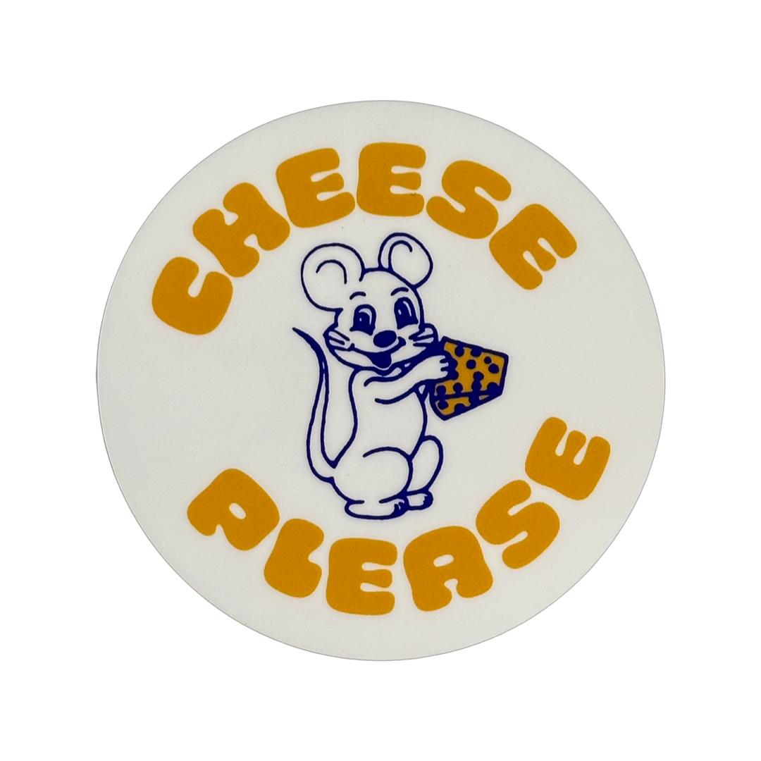 Round white vinyl sticker featuring a cartoon mouse holding a wedge of cheese with the words "cheese please"