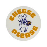 Round white vinyl sticker featuring a cartoon mouse holding a wedge of cheese with the words "cheese please"