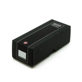 Black rectangular box with a brand logo on a white background