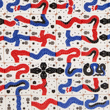Grid of tiles printed with abstract snake designs in red, blue, and black.