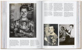 Double-page spread with text with several black and white photographs of heavily tattooed men.
