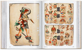 Double-page spread with colorful hand-drawn tattoo flash.