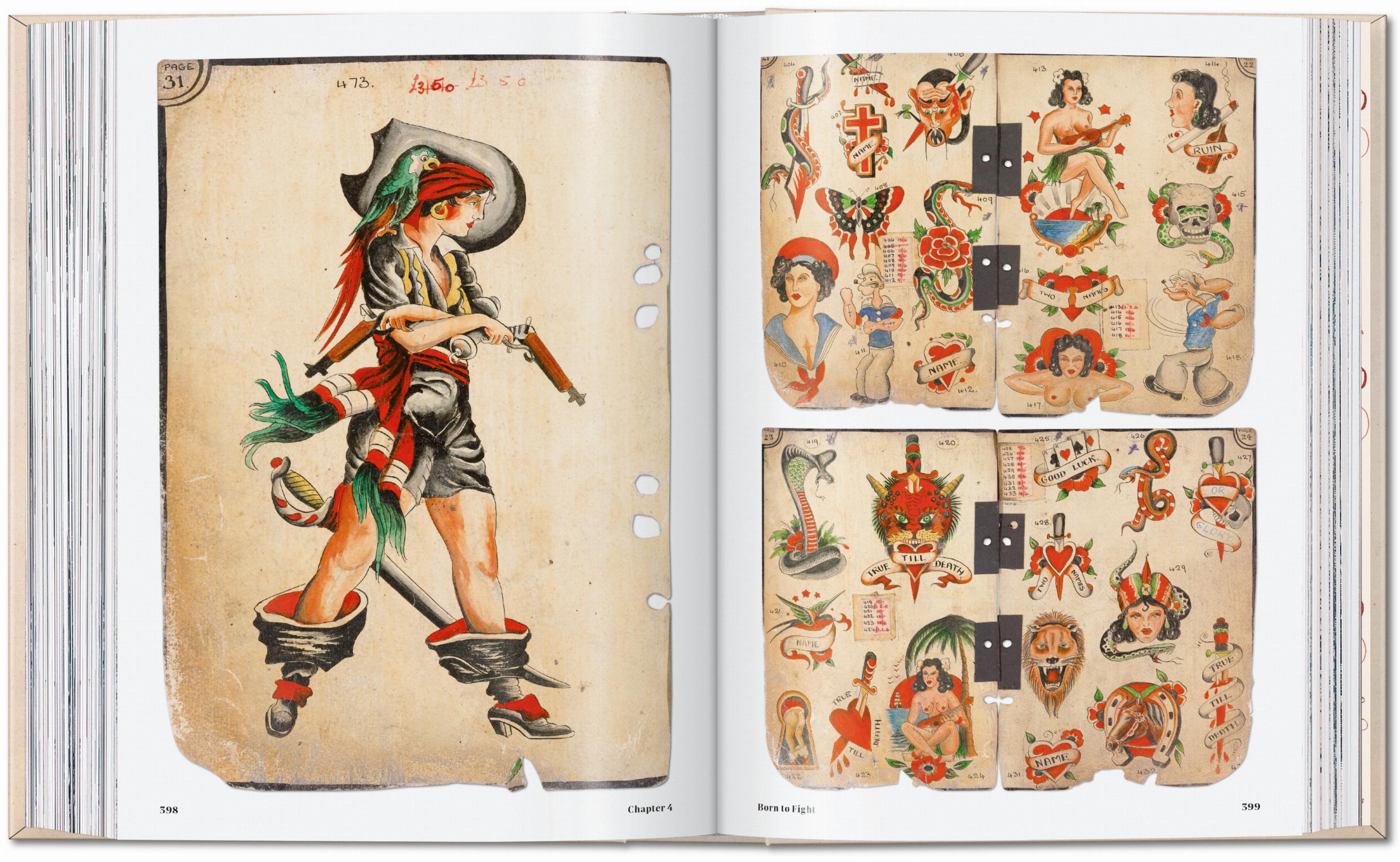 Double-page spread with colorful hand-drawn tattoo flash.