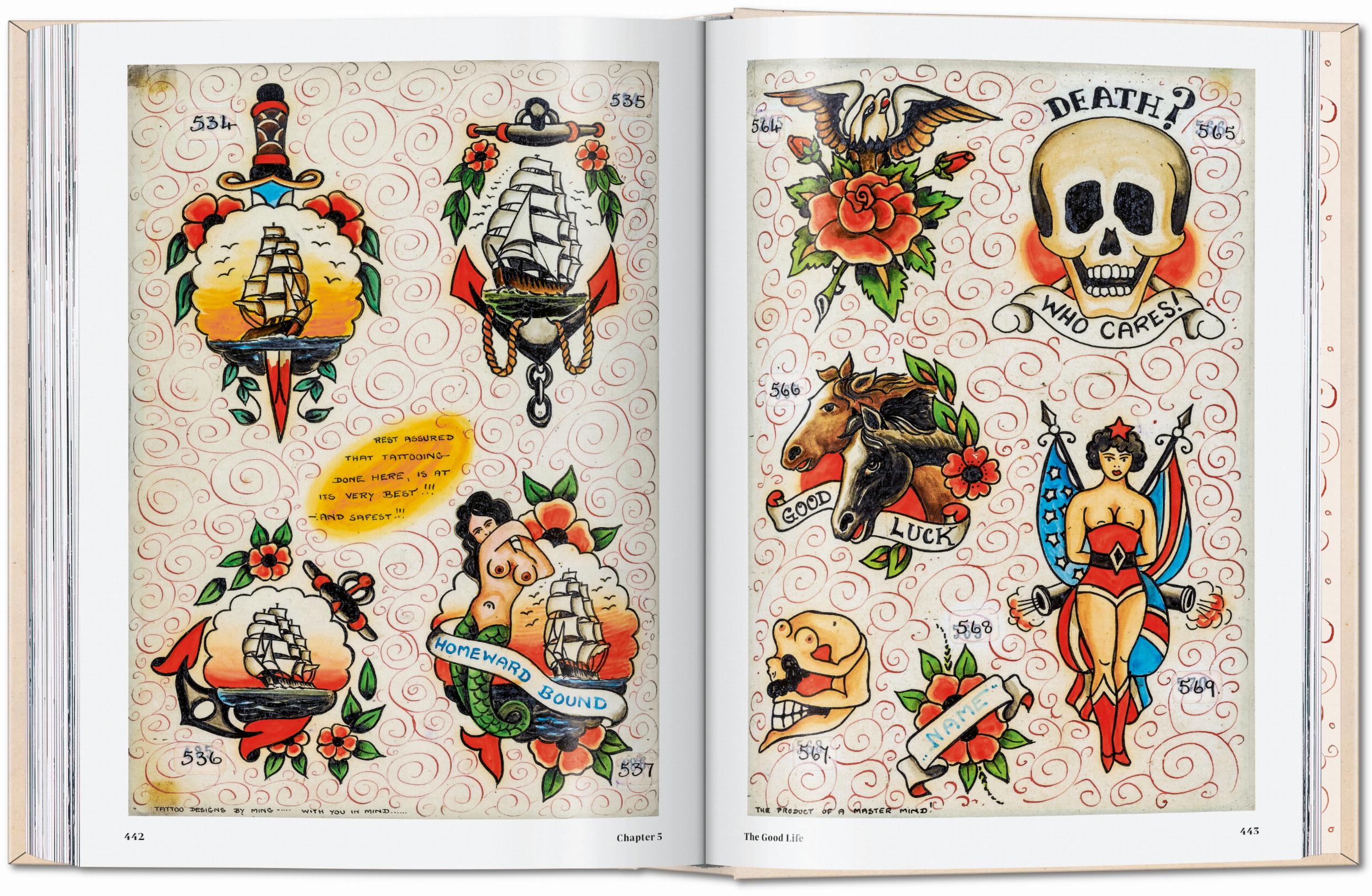 Double-page spread of hand-drawn colorful tattoo flash featuring ships, a mermaid, skulls, eagle, and horses.