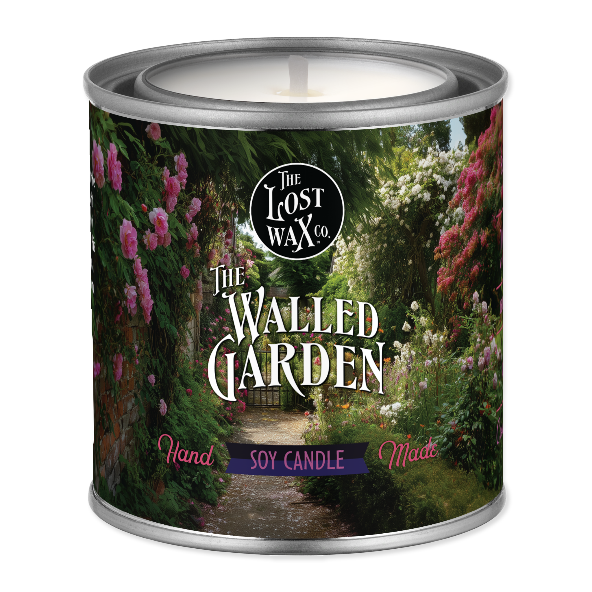 An unlit candle in a tin labeled "The Walled Garden"