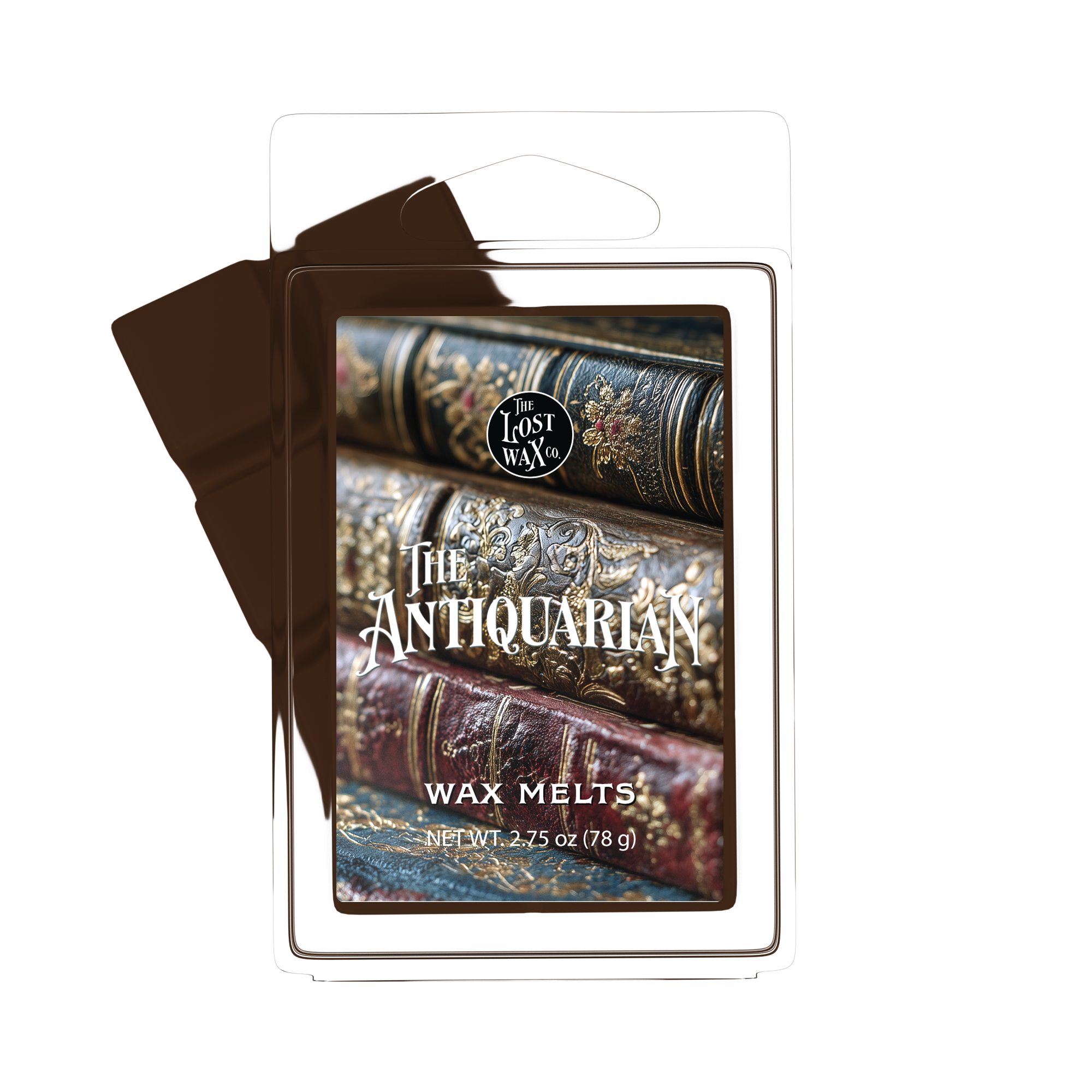Wax Melt package with 'The Antiquarian' design featuring stacked books on a white background