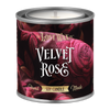 Candle in a decorative tin labeled 'Velvet Rose' from The Lost Wax Co.