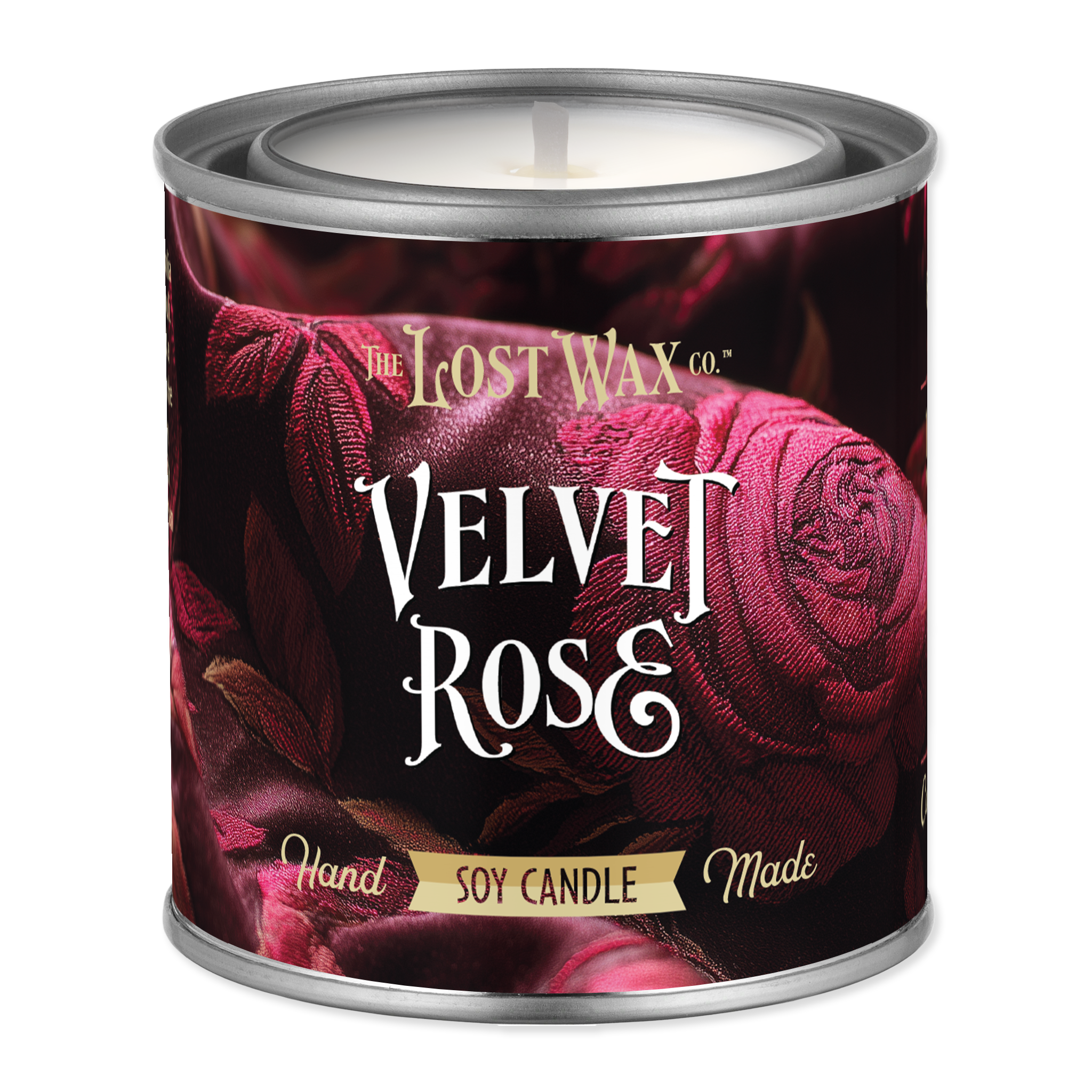 Candle in a decorative tin labeled 'Velvet Rose' from The Lost Wax Co.
