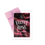 Velvet Rose wax melts packaging with pink ribbon on a white background