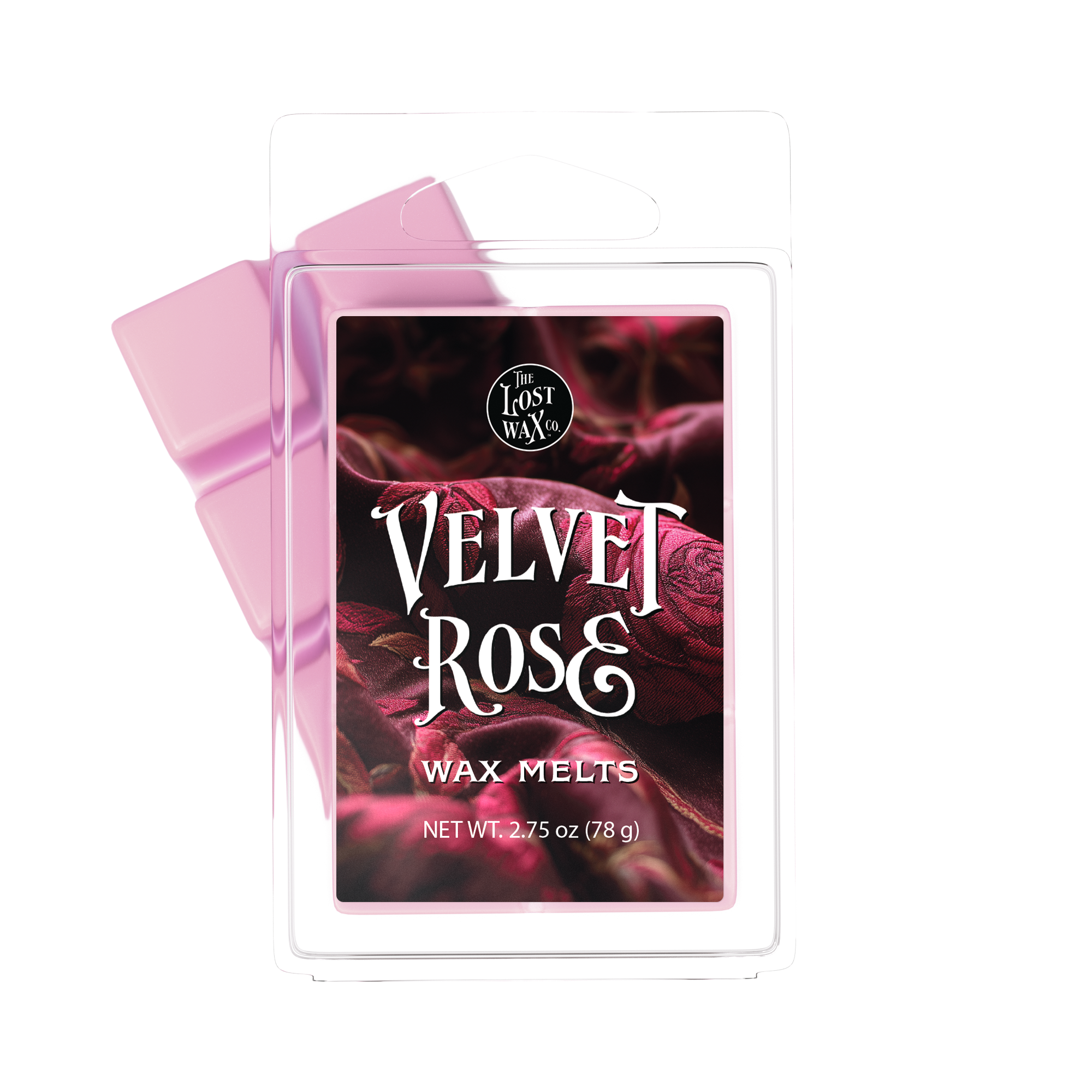 Velvet Rose wax melts packaging with pink ribbon on a white background