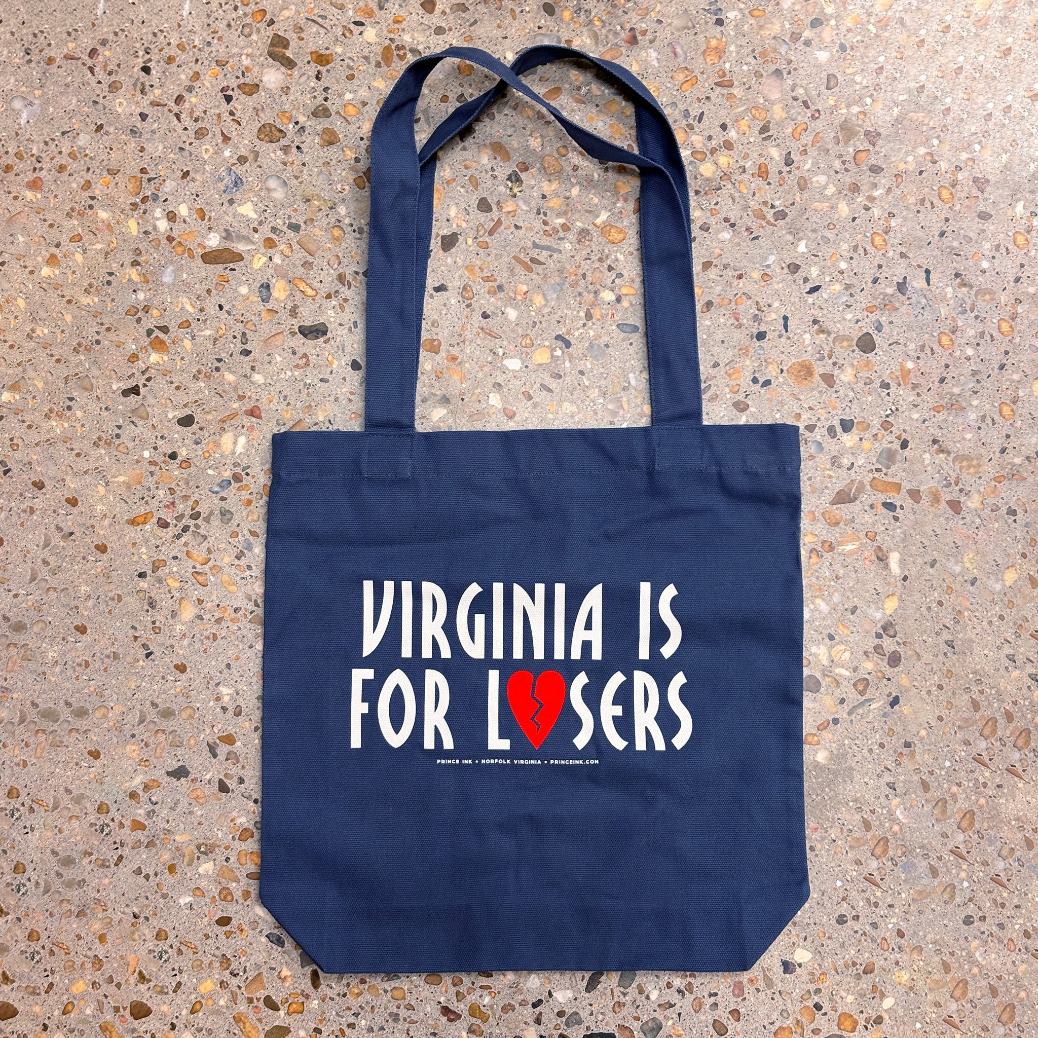 Petrol Blue tote bag with "Virginia Is For Losers" print in white and red.