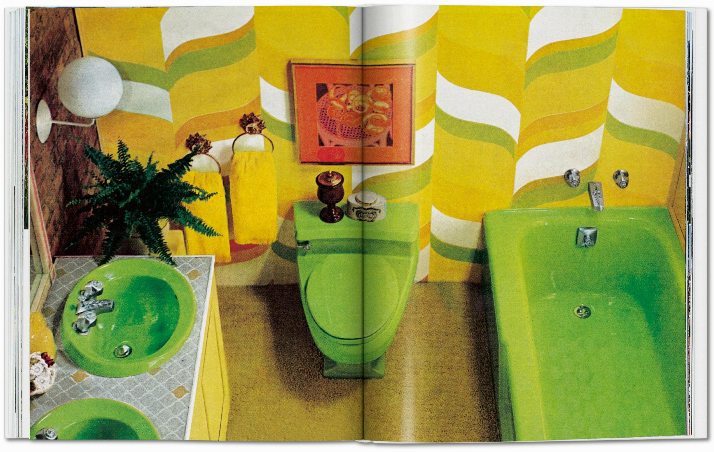 Double-page spread showing an advertisement featuring a bathroom with lime green fixtures and yellow wallpaper from the 1970s.