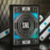 A pack of SNL playing cards with a black and blue design featuring the SNL logo and Studio 8H.